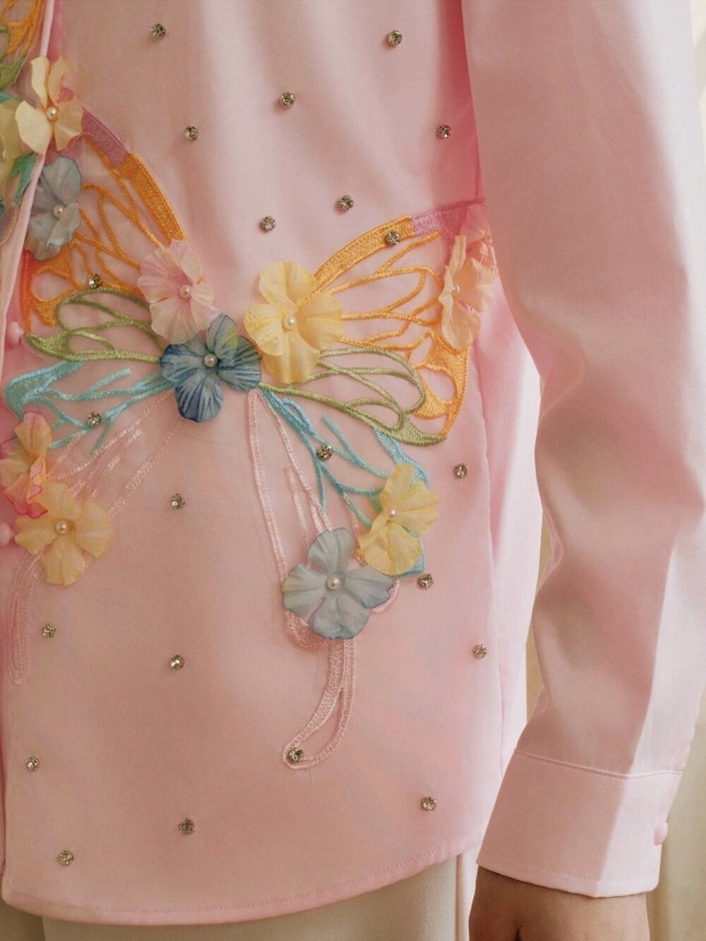 Pink Casual Women's Long Sleeve Embroidered Rhinestone Butterfly Blouse